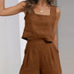 Casual Cotton Linen Sleeveless Square Neck Top + Shorts Two-Piece Set