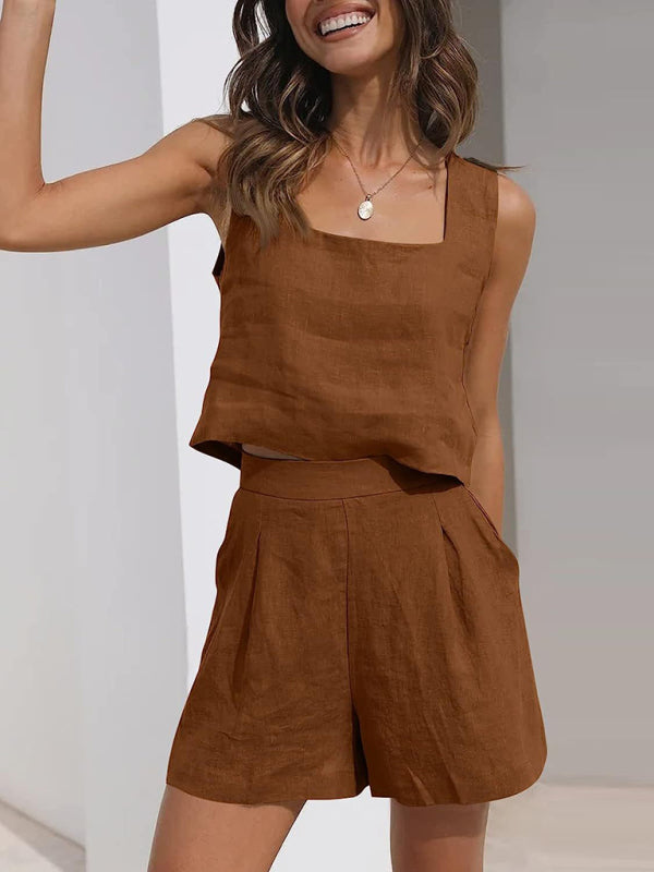 Casual Cotton Linen Sleeveless Square Neck Top + Shorts Two-Piece Set