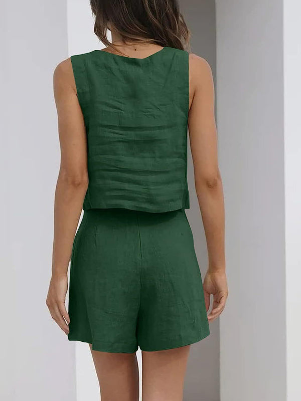 SALE Casual Cotton Sleeveless Square Neck Top + Shorts Two-Piece Set