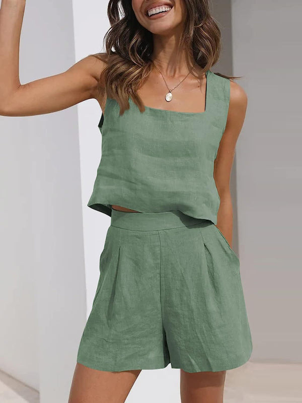 Casual Cotton Linen Sleeveless Square Neck Top + Shorts Two-Piece Set