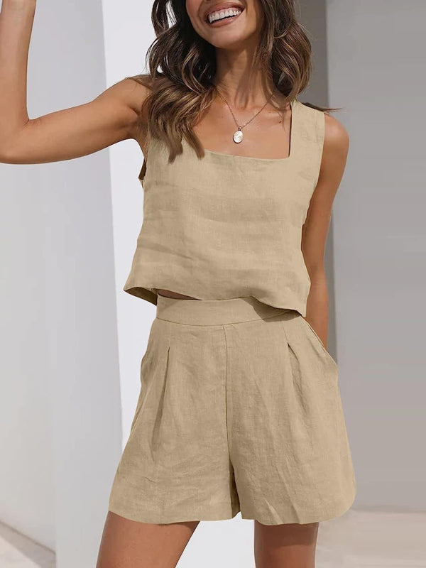 Casual Cotton Linen Sleeveless Square Neck Top + Shorts Two-Piece Set