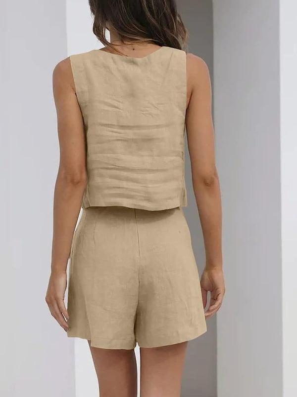 SALE Casual Cotton Sleeveless Square Neck Top + Shorts Two-Piece Set
