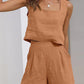 Casual Cotton Linen Sleeveless Square Neck Top + Shorts Two-Piece Set