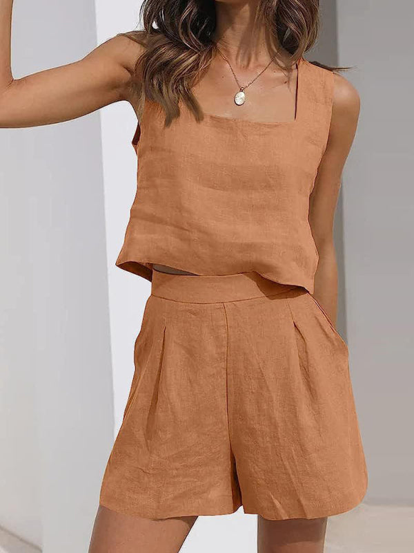 Casual Cotton Linen Sleeveless Square Neck Top + Shorts Two-Piece Set