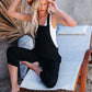 Black Cotton Gauze Casual Overalls Jumpsuit