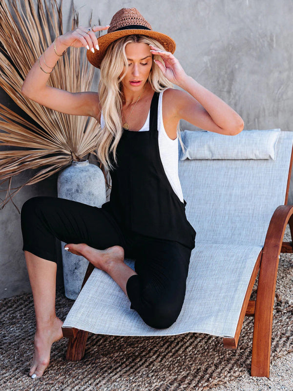 Black Cotton Gauze Casual Overalls Jumpsuit