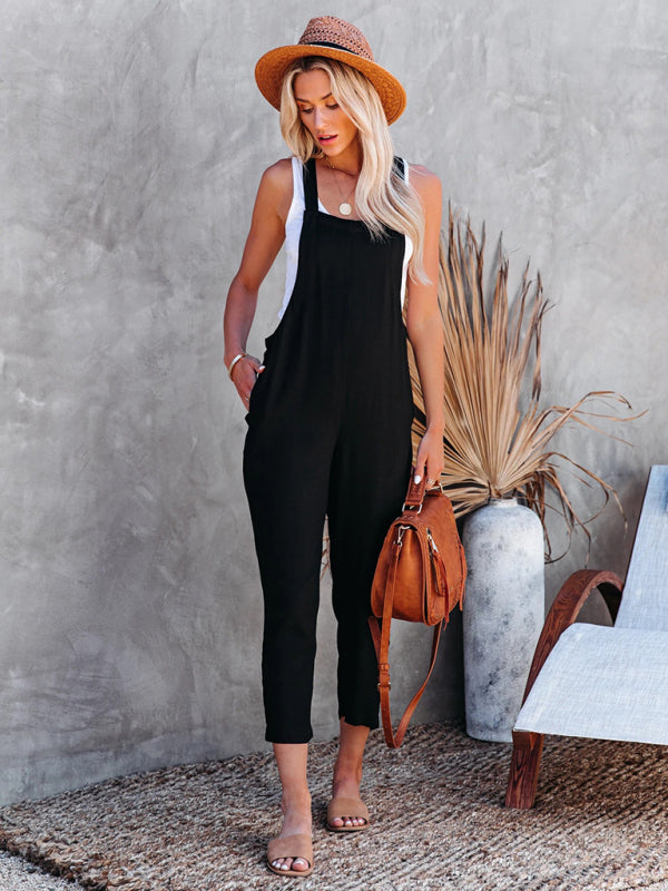 Black Cotton Gauze Casual Overalls Jumpsuit