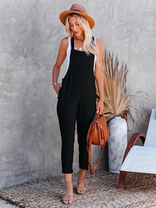 Black Cotton Gauze Casual Overalls Jumpsuit