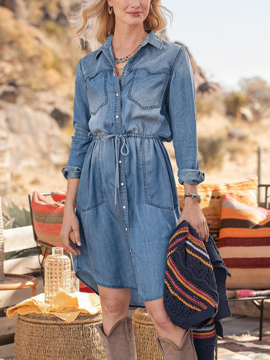 Country Western Cotton Denim Collared Shirt Dress