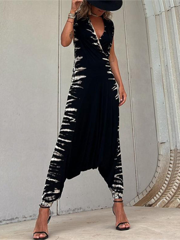 Harem Tie Die Sleeveless Wrap Jumpsuit