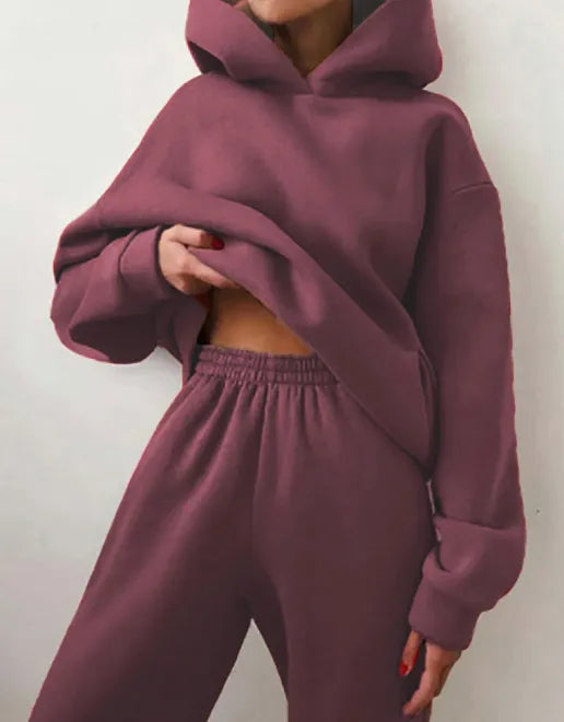 Women's Trendy Solid Color Hoody Sweatshirt and Sweatpants Set- Final Sale