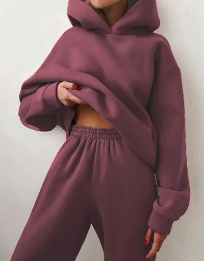 Women's Trendy Solid Color Hoody Sweatshirt and Sweatpants Set- Final Sale