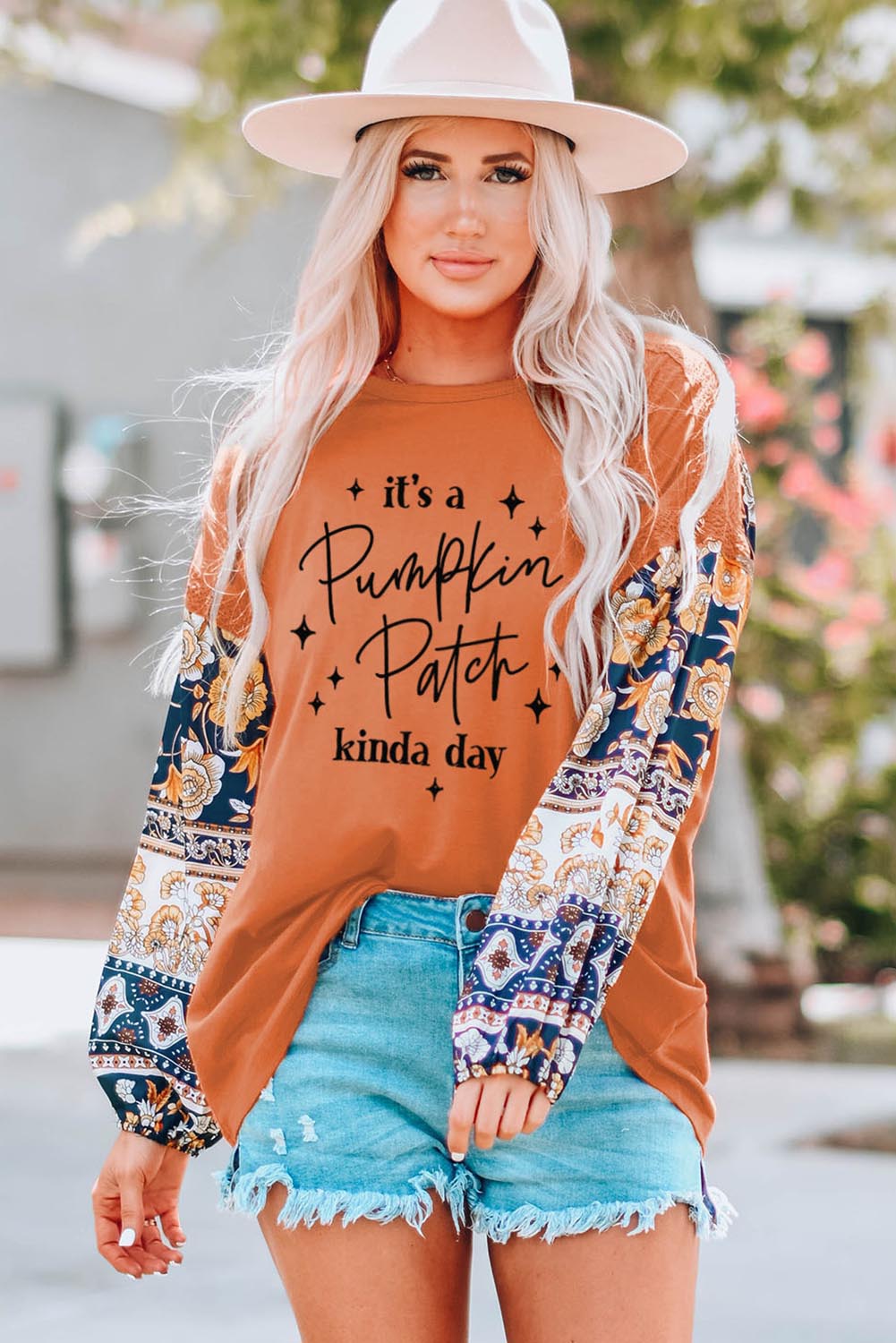 Boho Fall - Autum Pumpkin Graphic Floral Long Sleeve Top