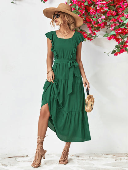 Evelyn Bohemian Tie Belt Ruffle Tier Midi Dress