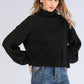 Boho Turtleneck Rib-Knit Lantern Sleeve Sweater