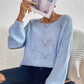 Boho Baby Blue Openwork Boat Neck Dropped Shoulder Sweater