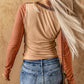 Boho Neutral Color Block Exposed Seam Long Sleeve Top