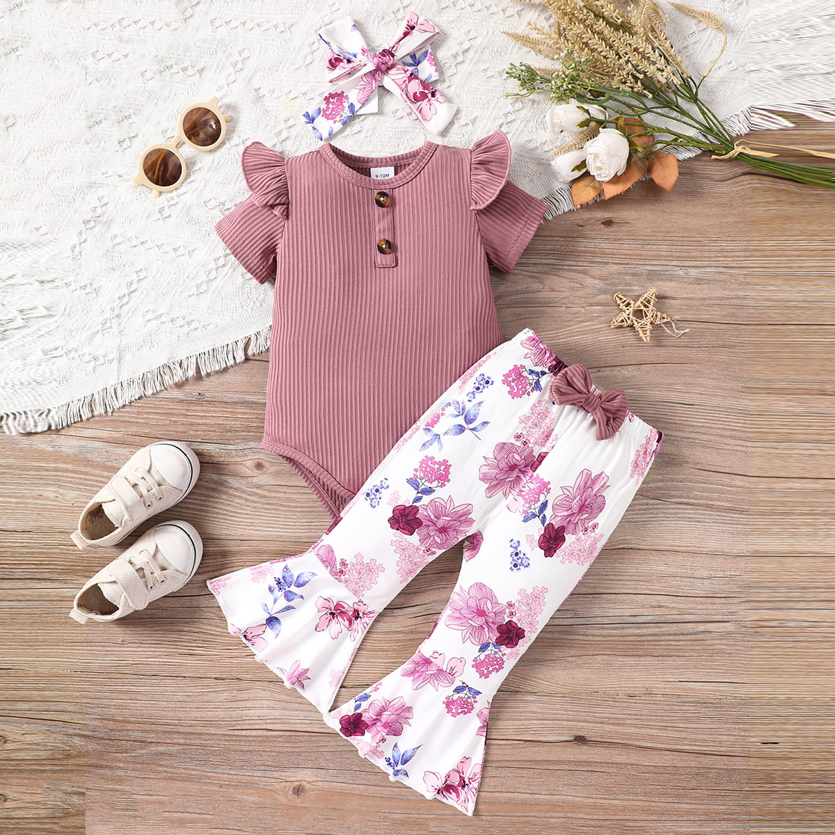 Little Baby Girl Ribbed Bodysuit and Printed Flare Pants Set