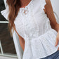 Boho White Notched Neck Flutter Sleeve Eyelet Blouse