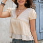 Bohemian Deep V-Neck Frill Trim Babydoll Blouse