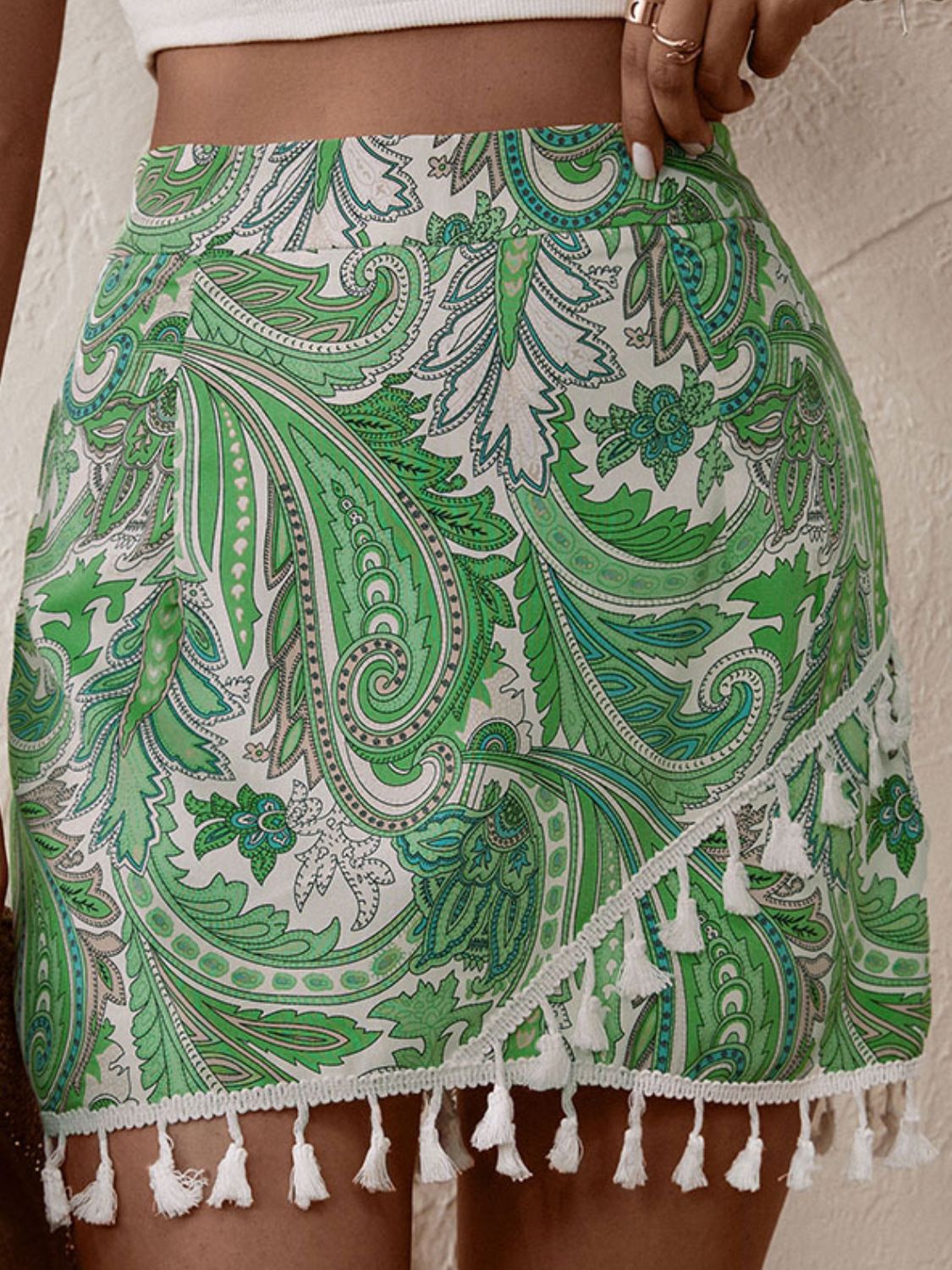 Boho Green Paisley Printed Tassel Hem Shorts - Skort