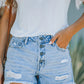 Mid Waist Buttoned Front Ripped Light Denim Shorts
