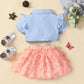 Little Girls - Big Girls Bohemian Ruffle Shoulder Shirt and Butterfly Applique Skirt Set