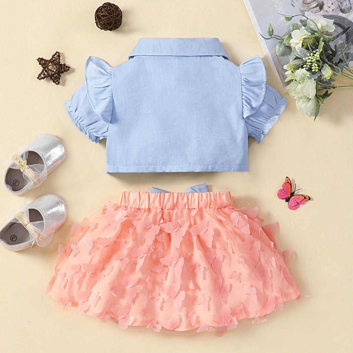 Little Girls - Big Girls Bohemian Ruffle Shoulder Shirt and Butterfly Applique Skirt Set