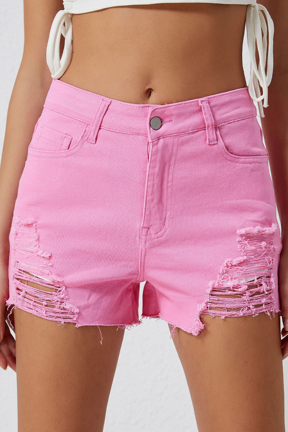 Distressed Pink Denim Jean Mid-Rise Shorts