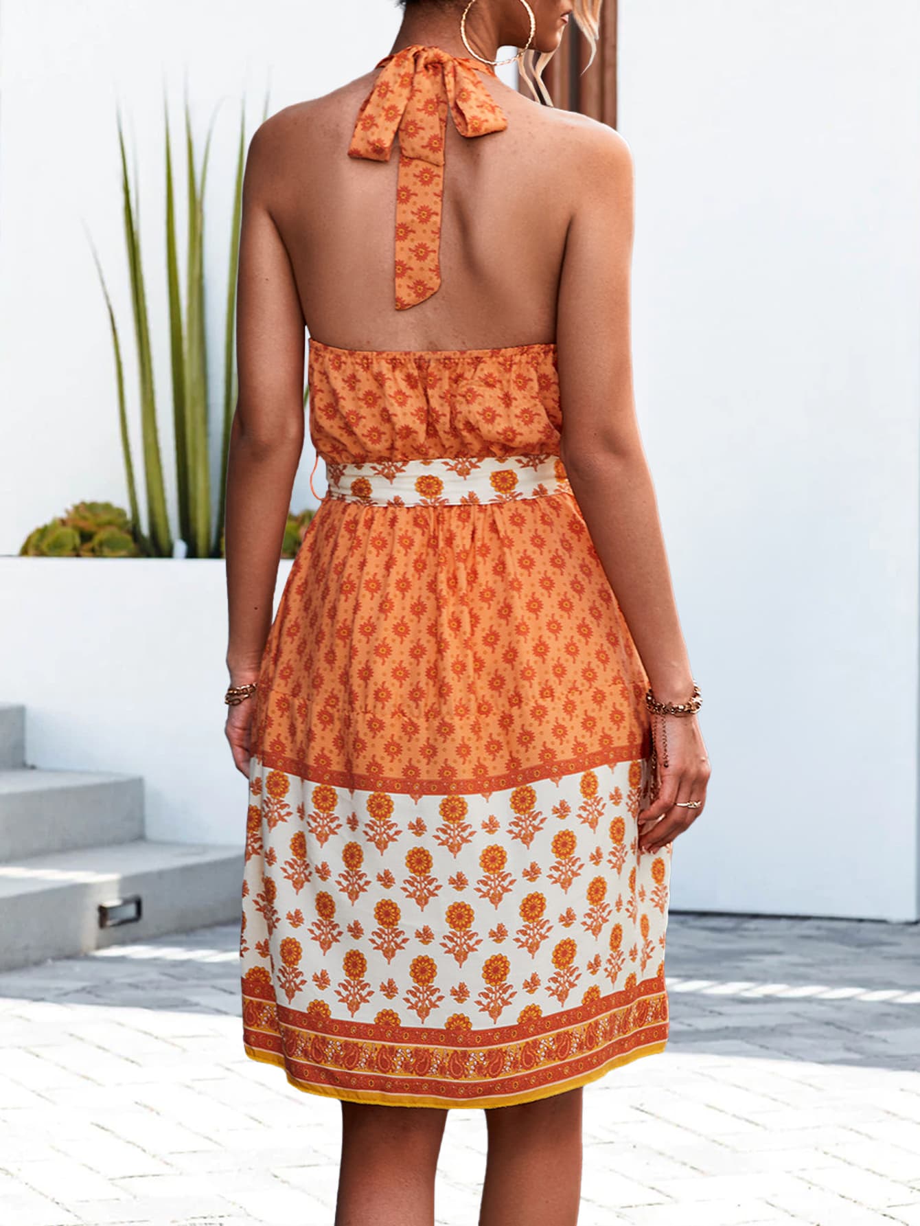 Boho Orange Floral Halter Neck Tie Waist Midi Dress
