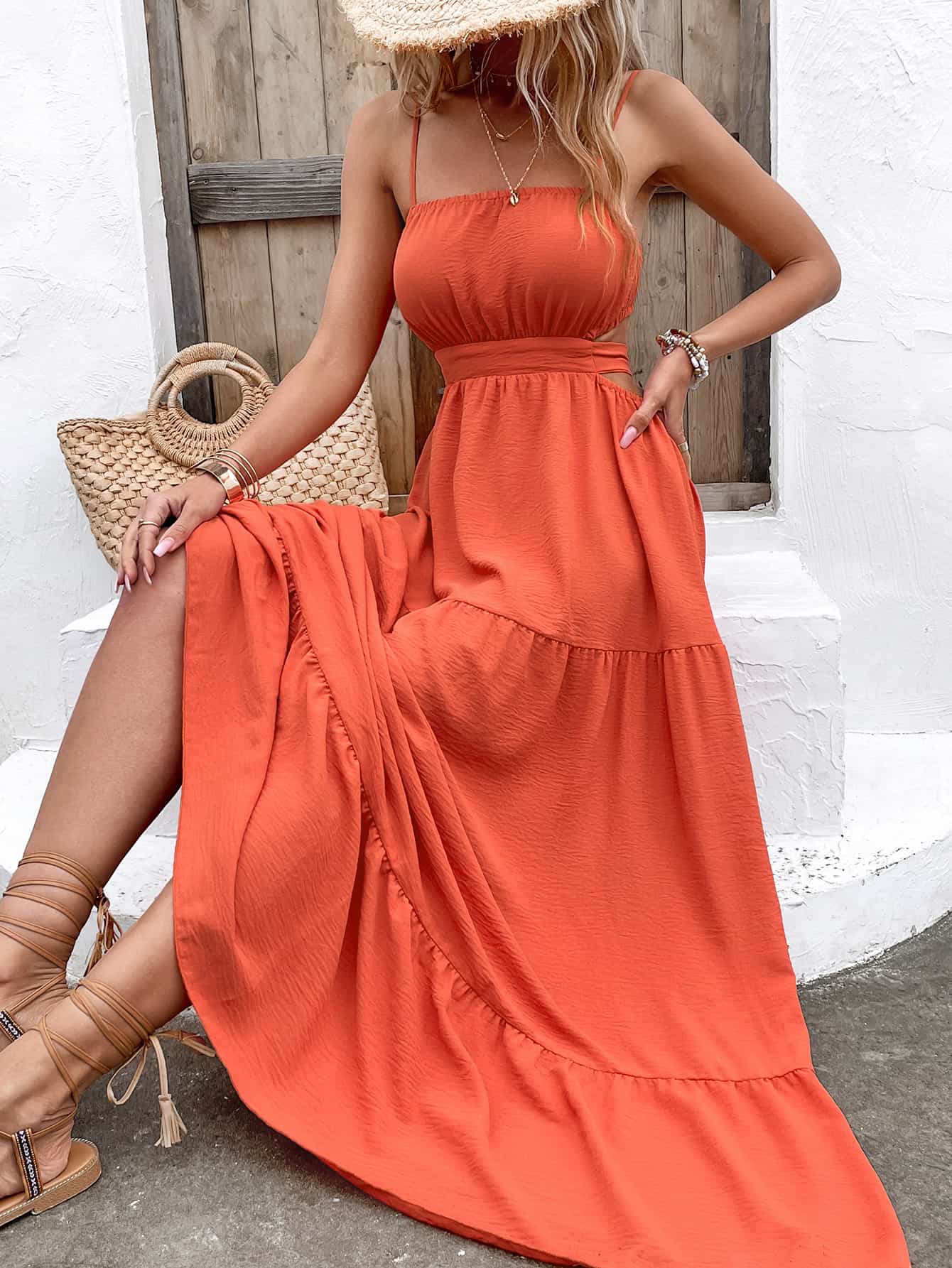 Courtney Boho Spaghetti Strap Cutout Tie Back Maxi Dress