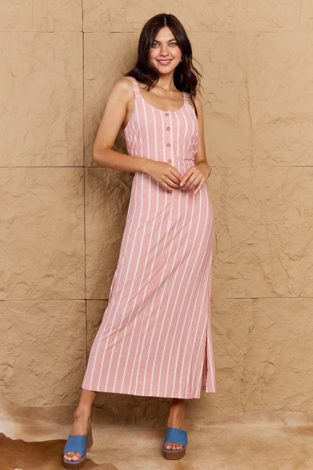 Bohemian OOTD Sweet Talk Stripe Texture Knit Maxi Dress in Dusty Pink/Ivory