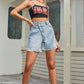Boho Crossover Buttoned Raw Hem Denim Shorts