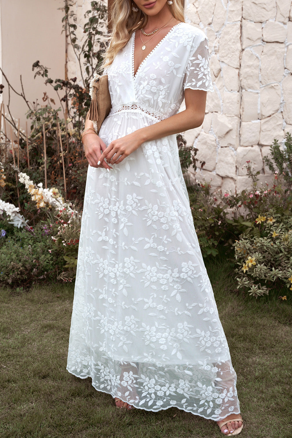 Bridal White Boho Embroidered Short Sleeve Surplice Neck Maxi Dress