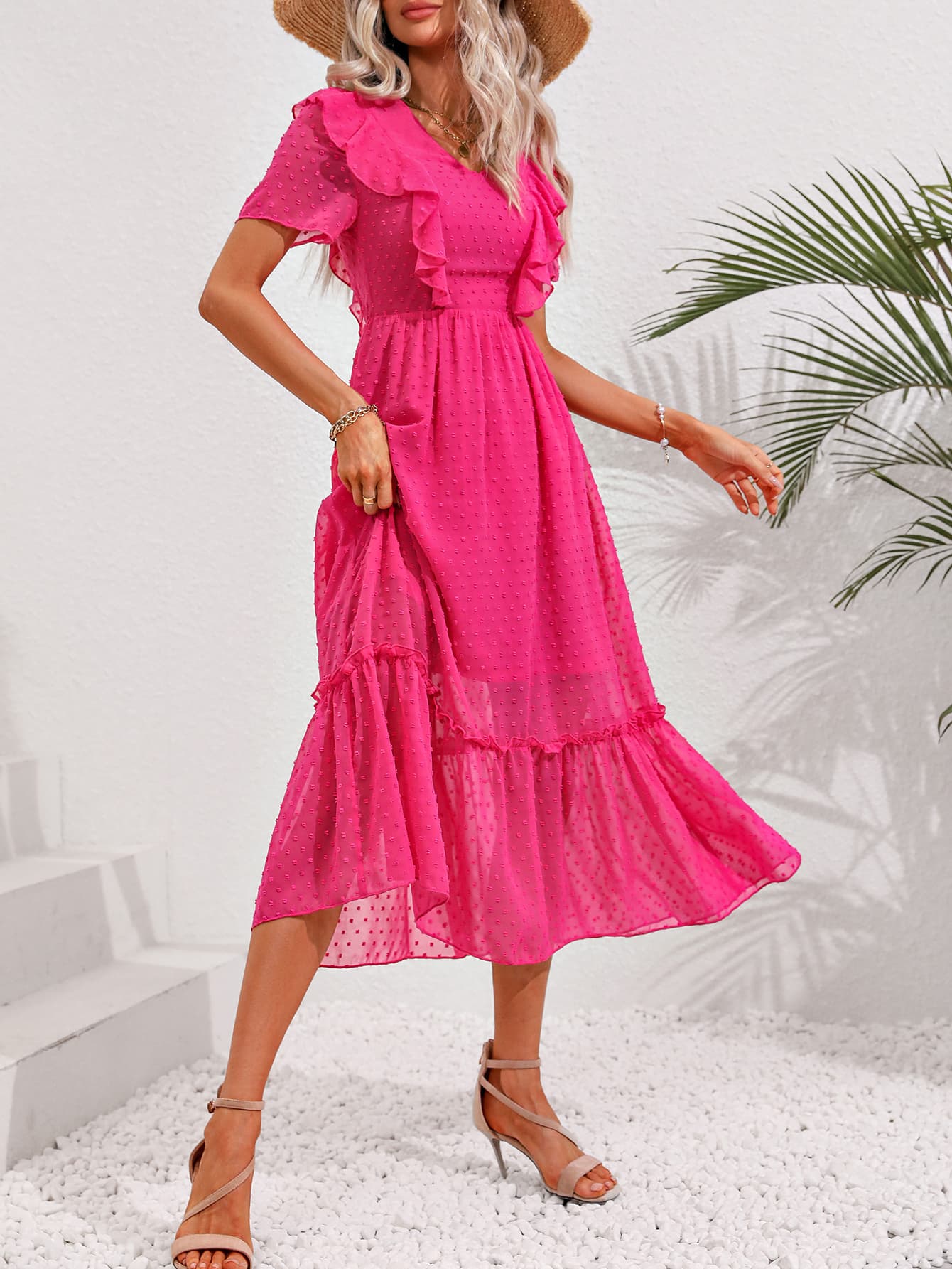 Hot Pink Swiss Dot Ruffled Short Sleeve Dress