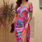 Printed Off-Shoulder Split Midi Dress