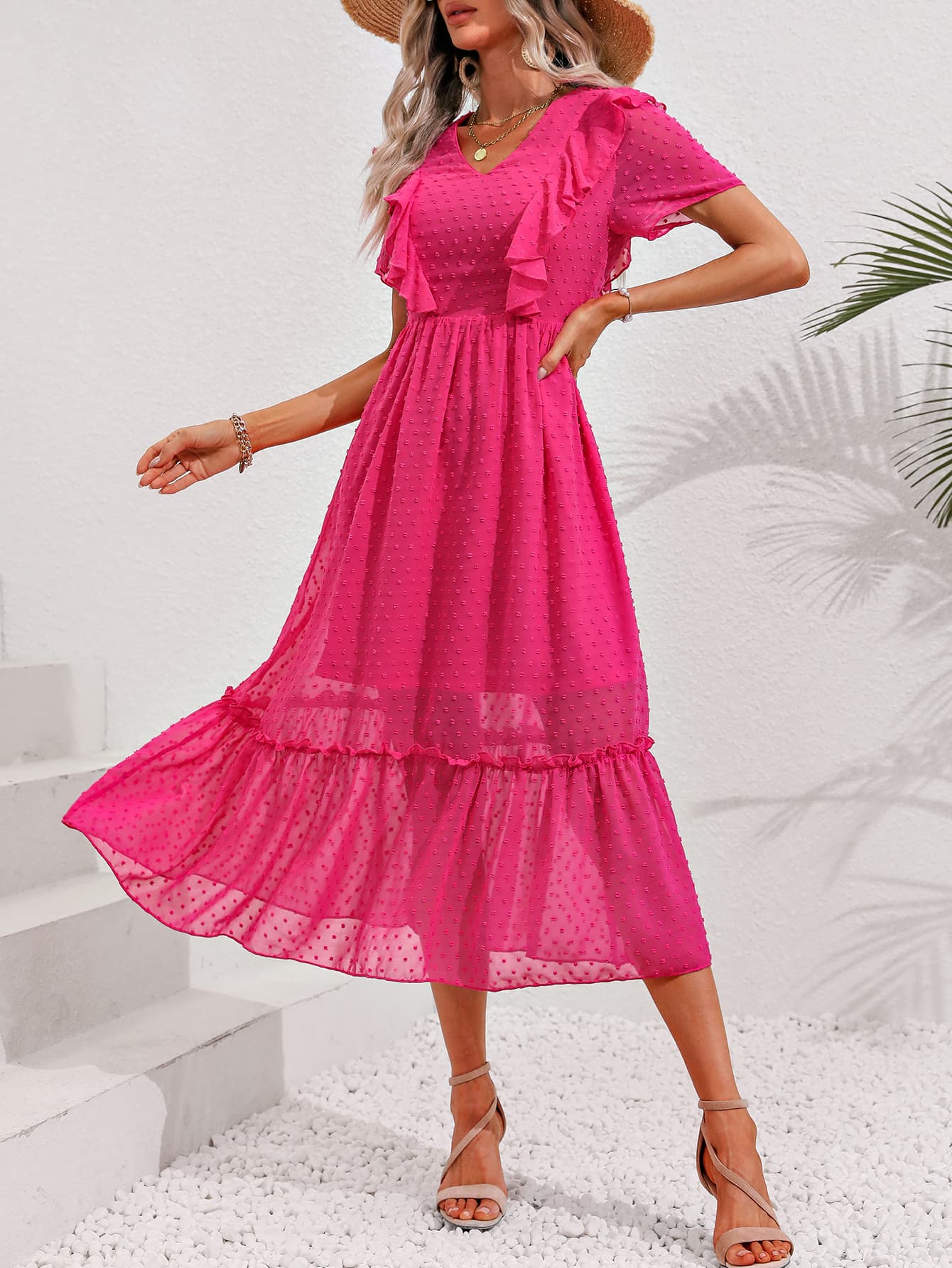 Hot Pink Swiss Dot Ruffled Short Sleeve Dress