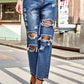 Distressed Buttoned Crop Jeans with Pockets