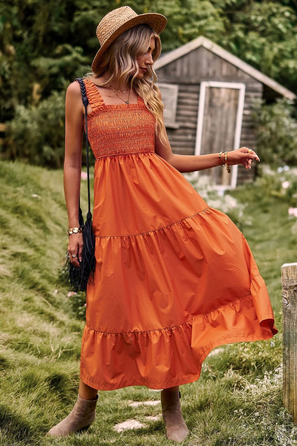 Harriet Boho Smocked Square Neck Tiered Dress