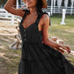 Davina Tie-Shoulder Decorative Button V-Neck Dress