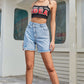 Boho Crossover Buttoned Raw Hem Denim Shorts