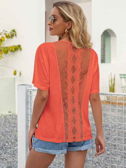 Bohemian Round Neck Mesh Back Detail Short Sleeve Top