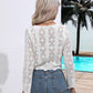 Boho White Openwork Drawstring V-Neck Long Sleeve Cover Up