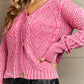 Boho Heyson Brand Soft Focus Wash Cable Knit Cardigan in Fuchsia