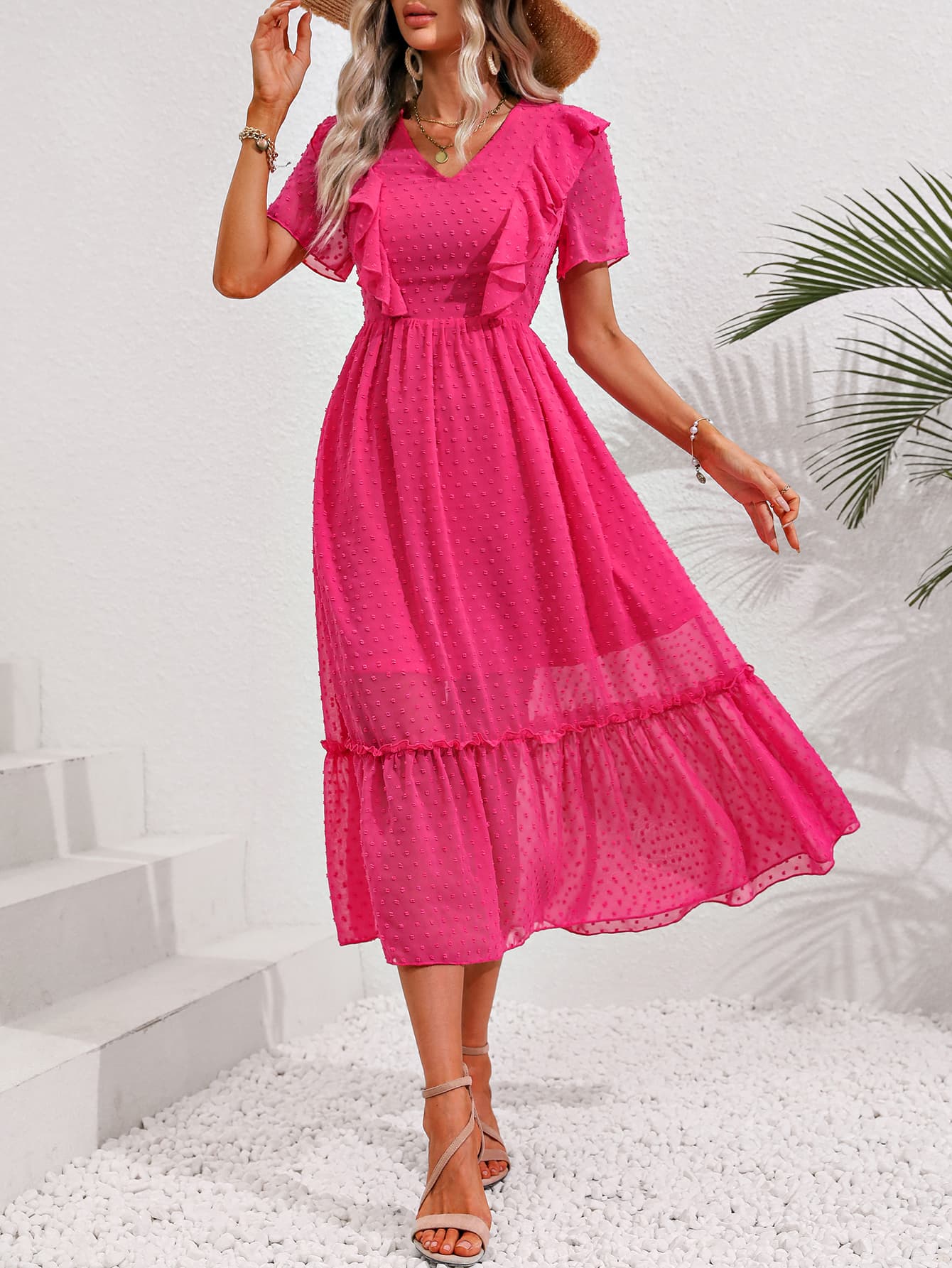 Hot Pink Swiss Dot Ruffled Short Sleeve Dress