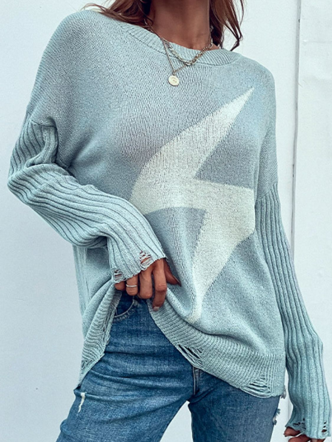 Boho Distressed Lightning Bolt Graphic Sweater