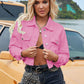 Boho Cropped Collared Neck Raw Hem Denim Jacket