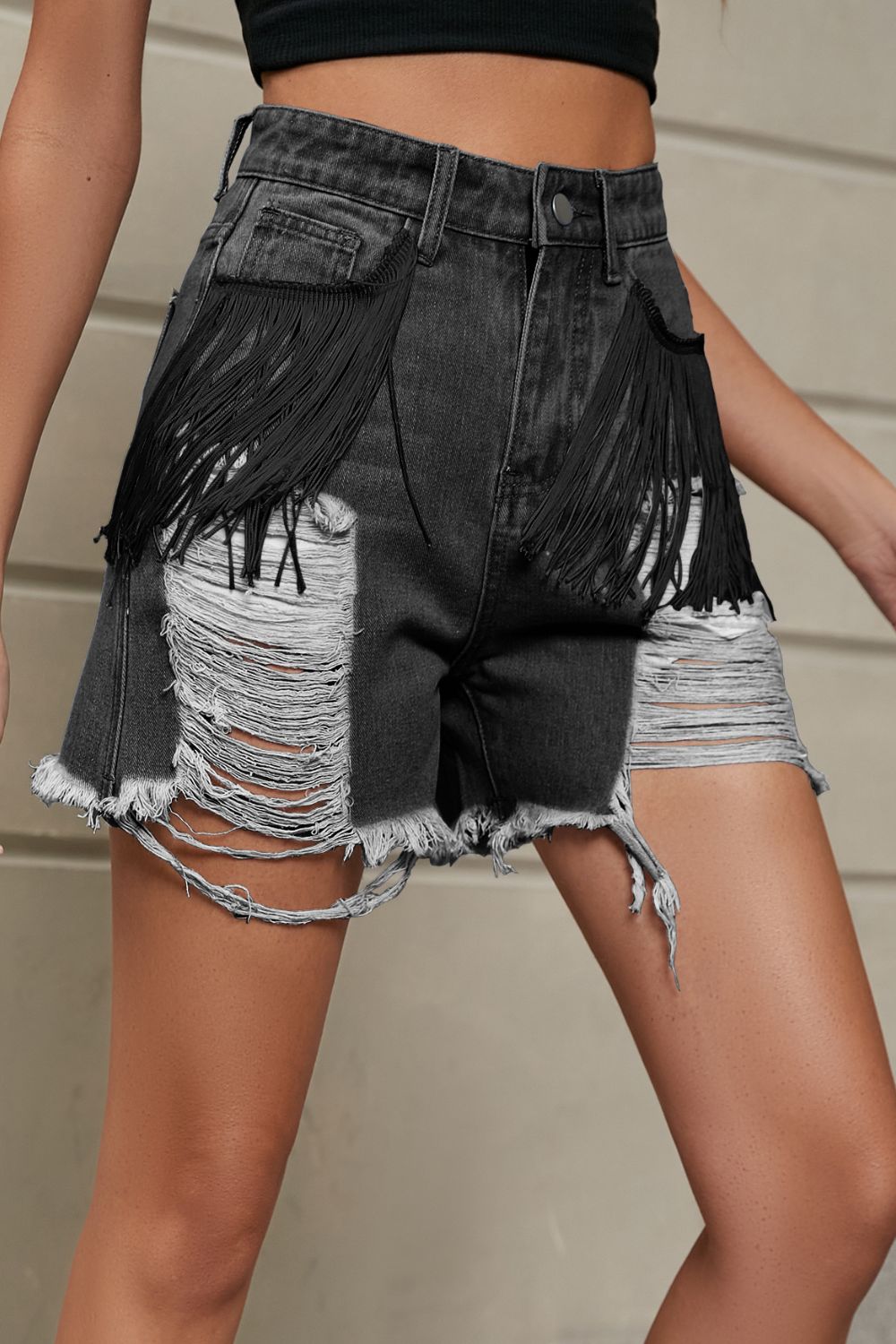 Boho Western Rocker Fringe Trim Distressed Denim Shorts with Pockets
