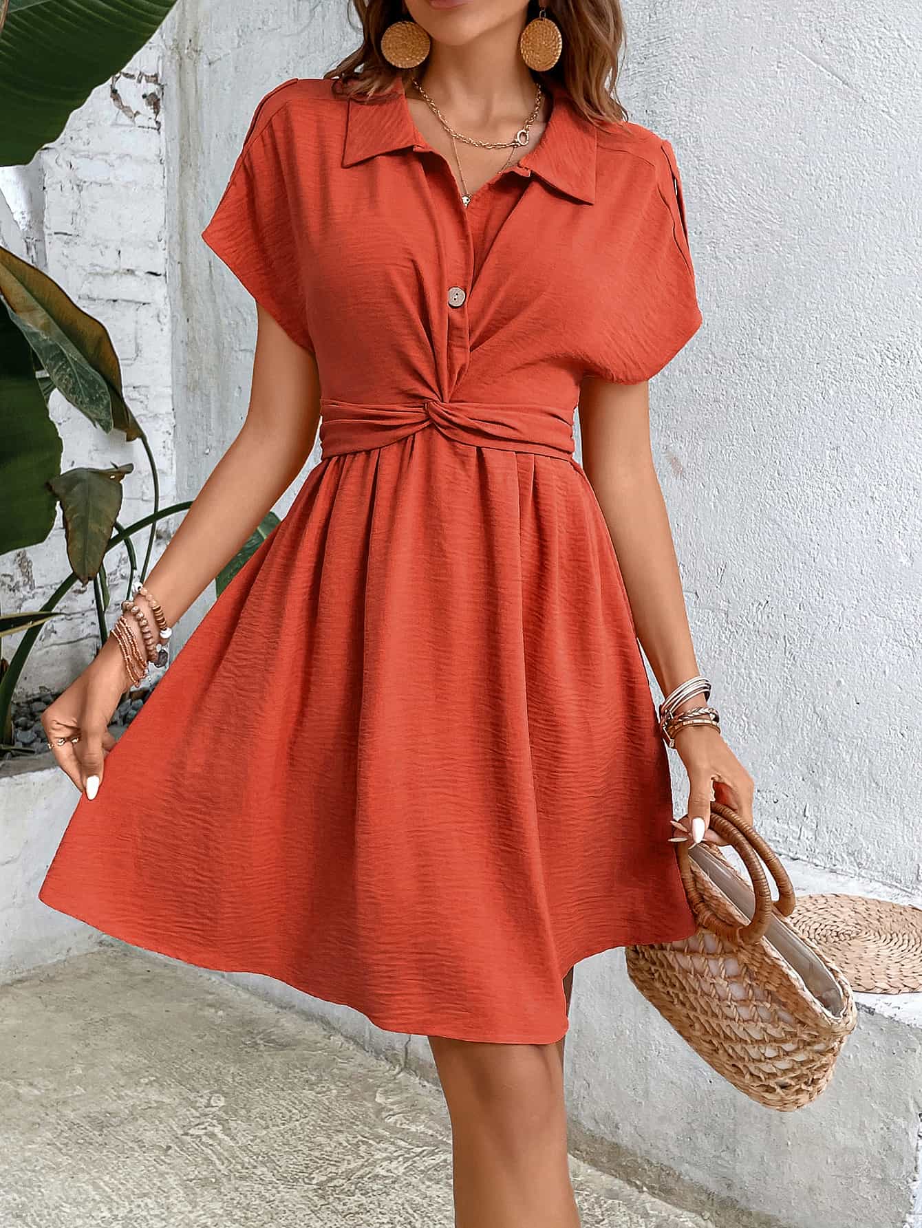 Cara Collared Neck Short Sleeve Twisted Dress