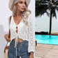 Boho White Openwork Drawstring V-Neck Long Sleeve Cover Up